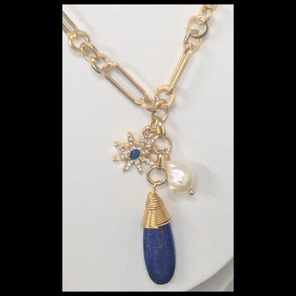 Blue Lapis Lazuli Pendant Necklace Gold Paperclip Chain Pearl & Starburst Accent - Picture 3 of 8